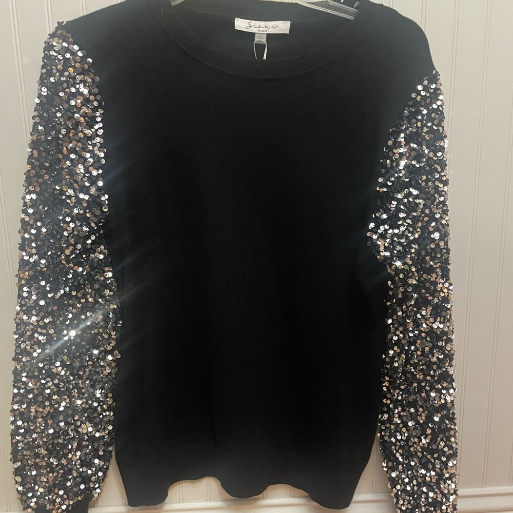 Sioni Black Sweater with Sequin Sleeves